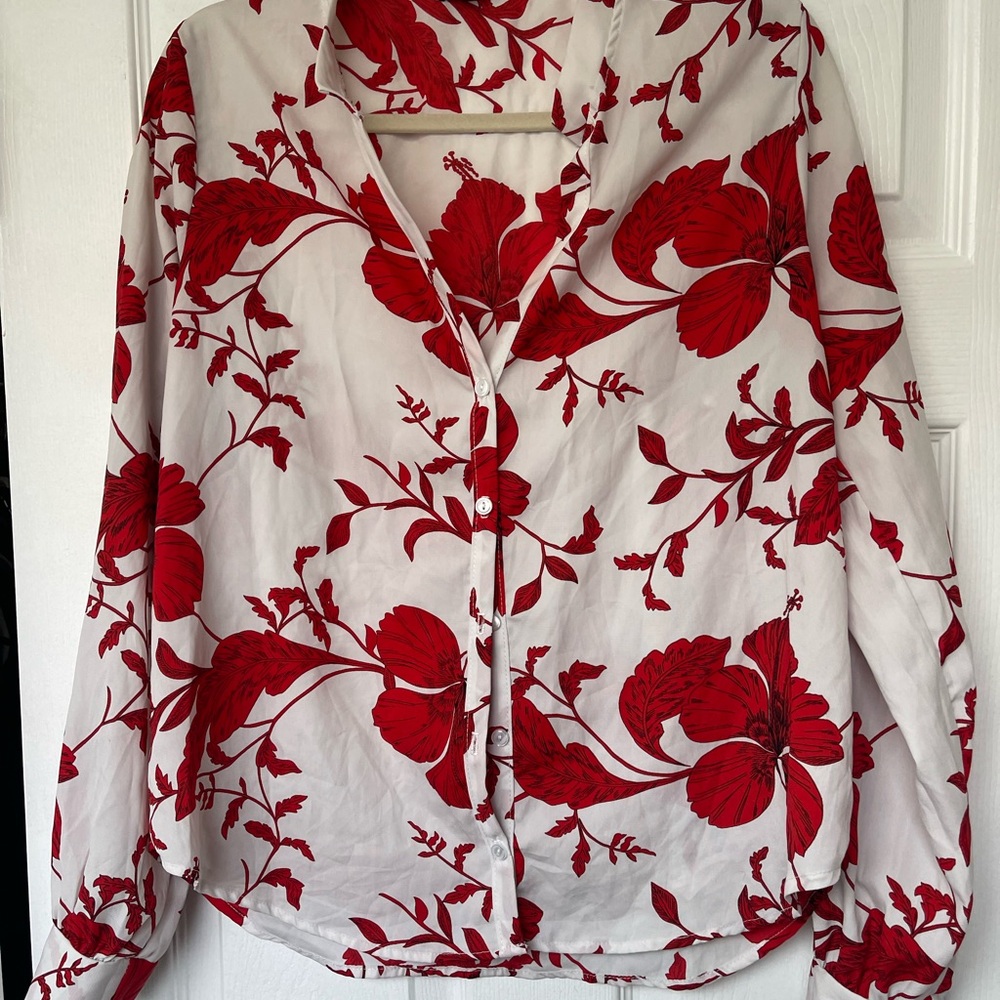 Fashion Nova Red Floral Button Down Shirt